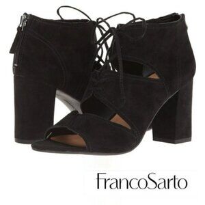 Franco Sarto Black Gazella Suede Lace Up Block Heeled Boots 8.5